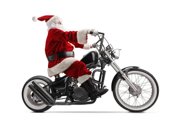 Full Length Profile Shot Santa Claus Jazda Niestandardowe Motocykl Chopper — Zdjęcie stockowe