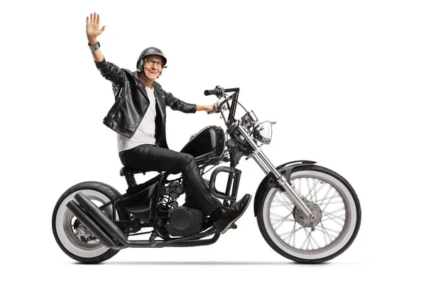 Elderly Biker Leather Jacket Riding Chopper Waving Isolated White Background — Stock Photo, Image