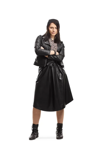 Full Length Portrait Young Woman Black Leather Jacket Skirt Posing — Stock Photo, Image