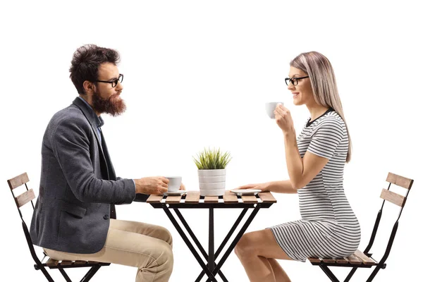 Man Vrouw Drinken Koffie Zitten Aan Een Tafel Geïsoleerd Witte — Stockfoto