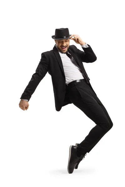 Hombre Traje Sombrero Bailando Pie Sobre Puntillas Aisladas Sobre Fondo — Foto de Stock