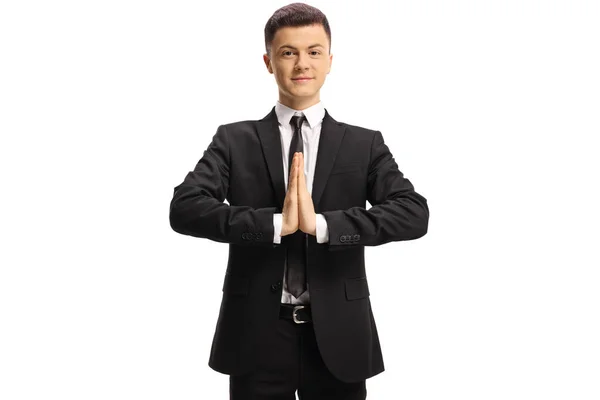 Joven Traje Corbata Practicando Meditación Sonriendo Aislado Sobre Fondo Blanco —  Fotos de Stock