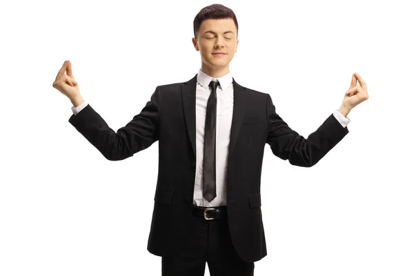 Young Guy Suit Tie Practicing Meditation Closed Eyes Isolated White — Stock Photo, Image