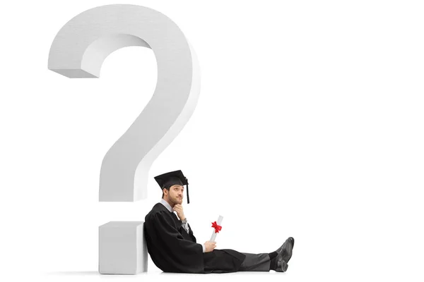 Male Graduate Student Holding Diploma Leaning Big Question Mark Isolated — Stock Photo, Image