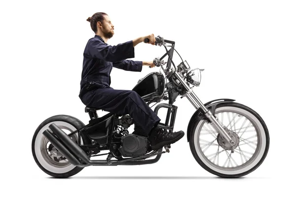 Full Length Profile Shot Mechanic Riding Chopper Motorbike Isolated White — Stock Photo, Image