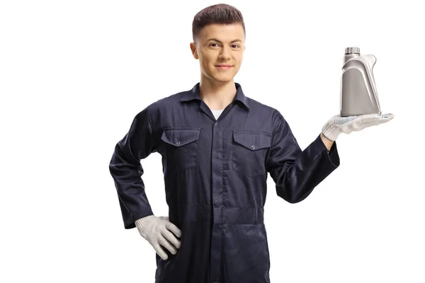 Young Mechanic Holding Engine Oil Plastic Bottle Isolated White Background — Stock Photo, Image