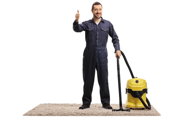 Full Length Portrait Janitor Uniform Vacuum Cleaner Standing Carpet Thumbs — Stock Photo, Image