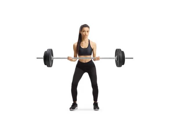 Full Length Portrait Young Woman Lifting Weights Isolated White Background — Stock Photo, Image
