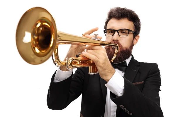 Músico Barbudo Tocando Saxofón Aislado Sobre Fondo Blanco — Foto de Stock