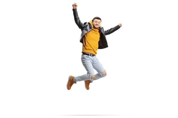 Trendy Cool Guy Jumping Raising Arms Isolated White Background — Stock Photo, Image