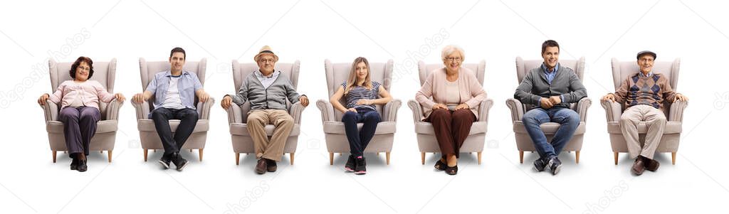 Young and elderly people sitting in armchairs isolated on white background
