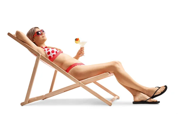 Young Woman Bikini Sunbathing Lounge Chair Holding Cocktail Solated White — Stock Photo, Image