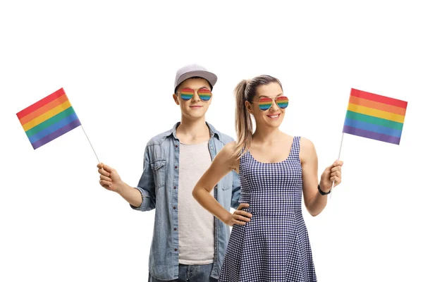 Young Man Woman Activists Wearing Rainbow Sunglasses Waving Rainbow Flags — Stock Photo, Image