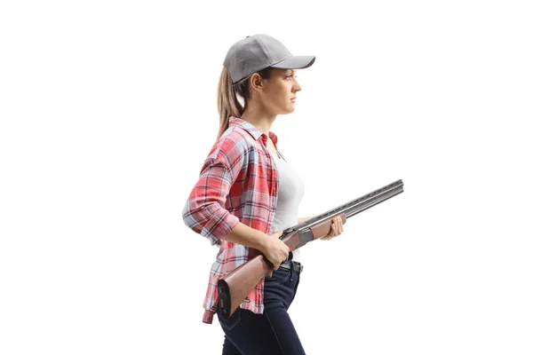 Dangerous Female Walking Shotgun Isolated White Background — Stock Photo, Image