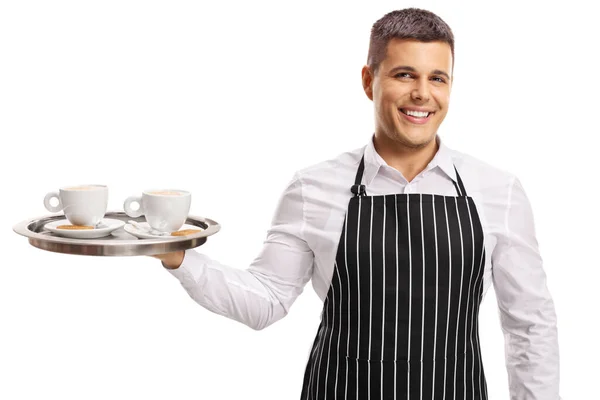 Jonge Mannelijke Ober Met Kopjes Een Dienblad Geïsoleerd Witte Achtergrond — Stockfoto