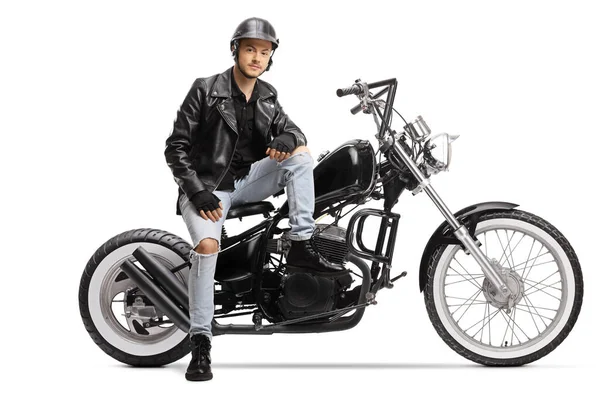 Cool Young Biker Helmet Leather Jacket Sitting Chopper Motorbike Isolated — Stock Photo, Image