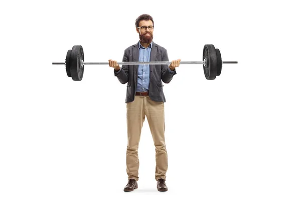 Full Length Portrait Bearded Man Formal Clothes Lifting Weights Isolated — Stock Photo, Image