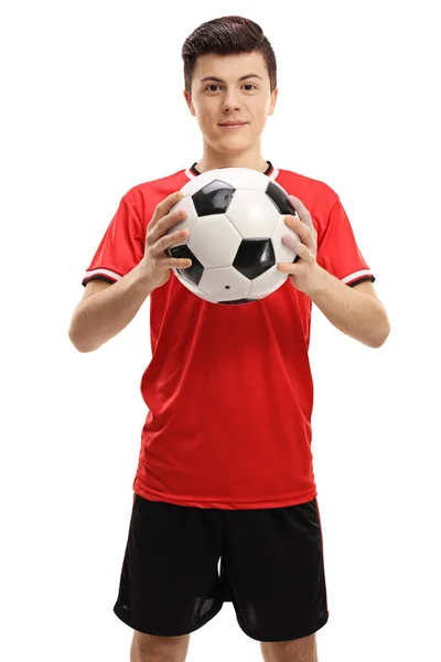 Adolescente Masculino Segurando Uma Bola Futebol Isolada Fundo Branco — Fotografia de Stock