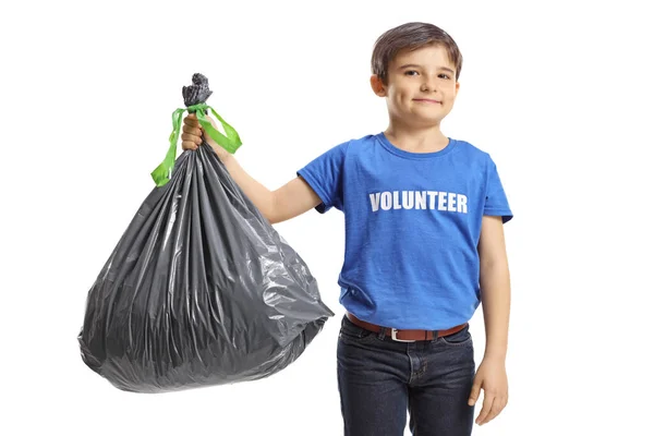 男孩志愿者拿着一个用白色背景隔开的垃圾袋 — 图库照片