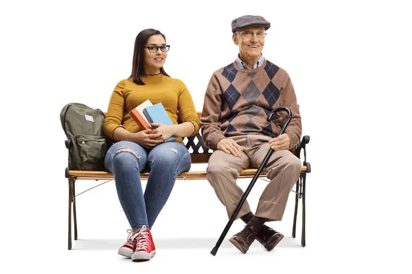 Elderly Man Female Student Sitting Bench Isolated White Background — Stock Photo, Image