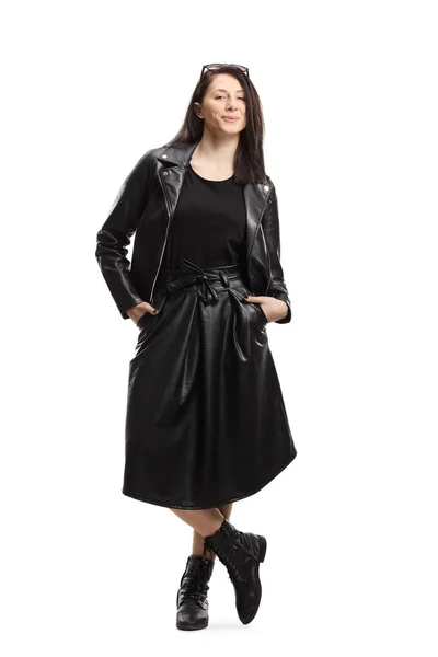 Full Length Portrait Young Woman Wearing Leather Jacket Leather Skirt — Stock Photo, Image