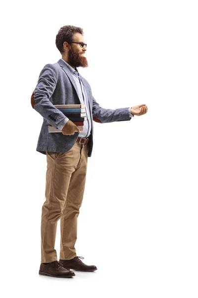 Volledige Profielfoto Van Een Man Met Een Baard Die Boeken — Stockfoto