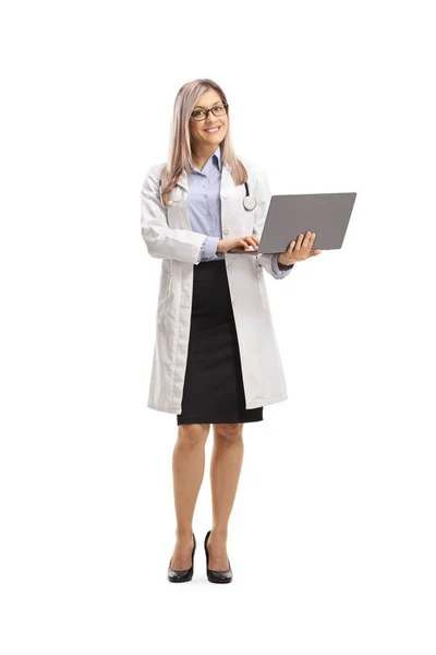 Full Length Portrait Female Doctor Standing Holding Laptop Computer Isolated — Stock Photo, Image