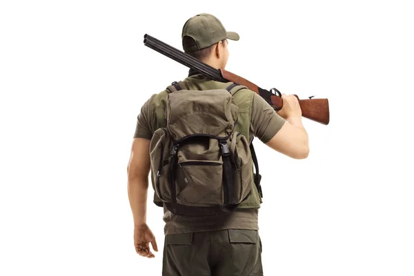 Beyaz Arka Planda Bir Tüfeğiyle Duran Bir Avcının Arka Görüntüsü — Stok fotoğraf