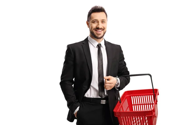 Businessman Suit Shopping Basket Isolated White Background — Stock Photo, Image