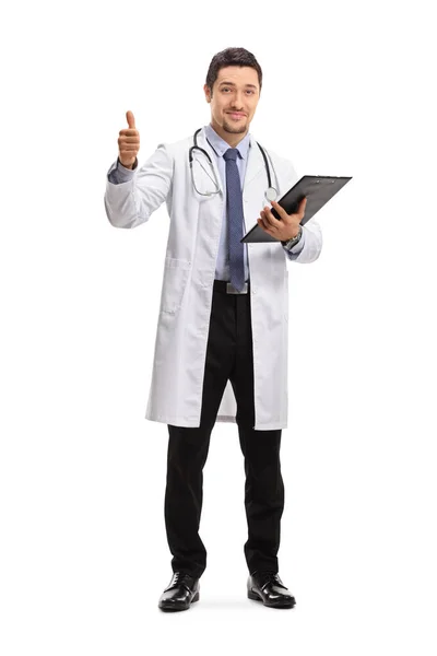 Full Length Portrait Young Male Doctor Showing Thumbs Isolated White — Stock Photo, Image