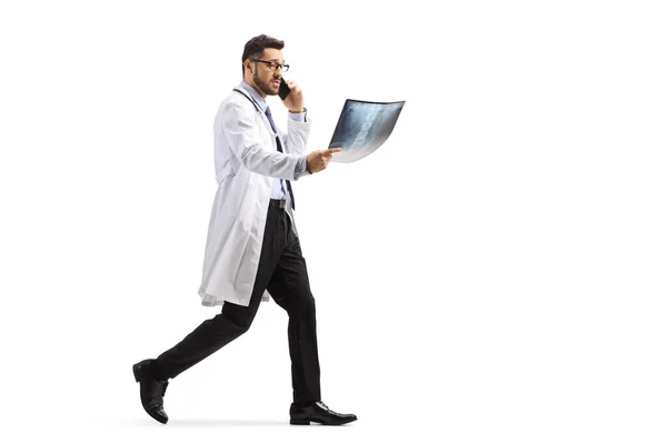 Full Length Shot Male Doctor Walking Ray Scan Talking Phone — Stock Photo, Image