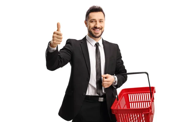 Businessman Shopping Basket Smiling Gesturing Thumbs Isolated White Background — Stock Photo, Image