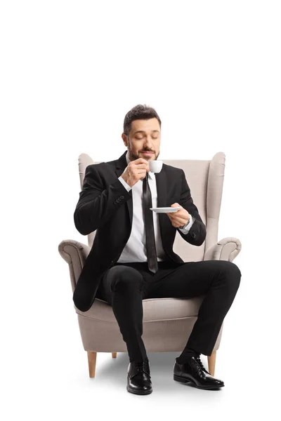 Businessman Sitting Armchair Cup Espresso Coffee Isolated White Background — Stock Photo, Image