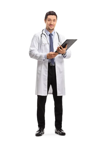 Full Length Portrait Young Doctor Smiling Isolated White Background — Stock Photo, Image