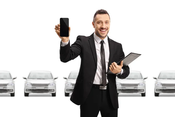 Man Suit Holding Mobile Phone Posing Front Row Cars Showroom — Stock Photo, Image