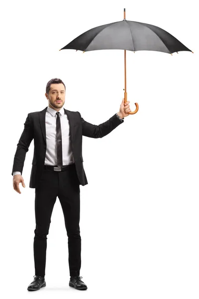 Beyaz Arka Planda Izole Edilmiş Şemsiyesi Olan Takım Elbiseli Ciddi — Stok fotoğraf