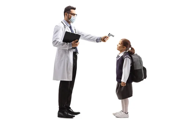 Full Length Profile Shot Male Doctor Thermometer Measuring Temperature Schoolgirl — Stock Photo, Image