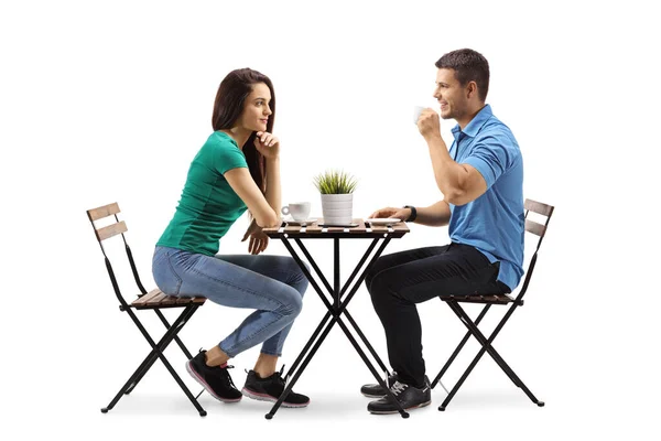 Young Man Woman Sitting Table Drinking Coffee Isolated White Background — Stock Photo, Image