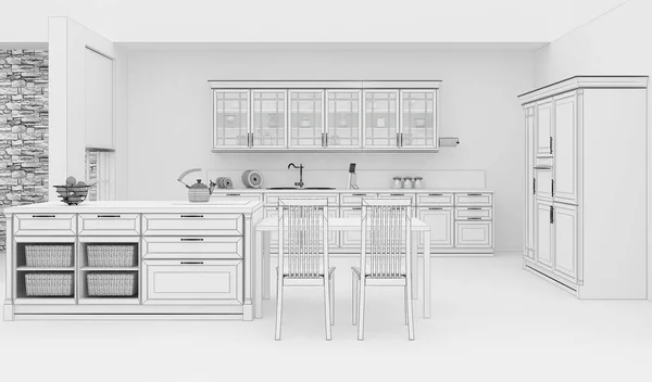经典风格网格 3d 渲染的厨房内饰 — 图库照片