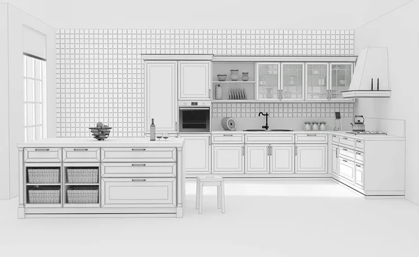 Kitchen interior in classic style grid 3D rendering