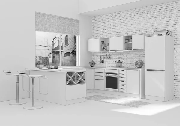 Cozinha grade interior 3D renderização — Fotografia de Stock