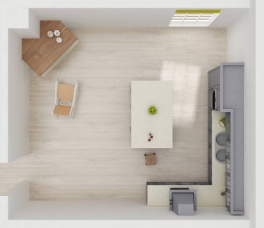 Mutfak iç 3d render Üstten Görünüm