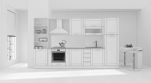 Kitchen interior grid 3D rendering