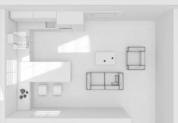 厨房内部网格3D 渲染顶部视图 — 图库照片