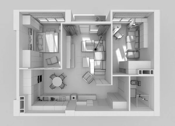 白色背景的公寓内部俯瞰 网格3D渲染 — 图库照片