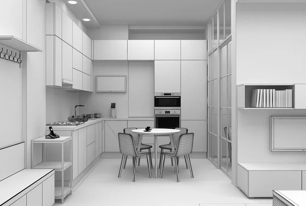 Design Intérieur Une Cuisine Grille Appartement Compacte Rendu — Photo