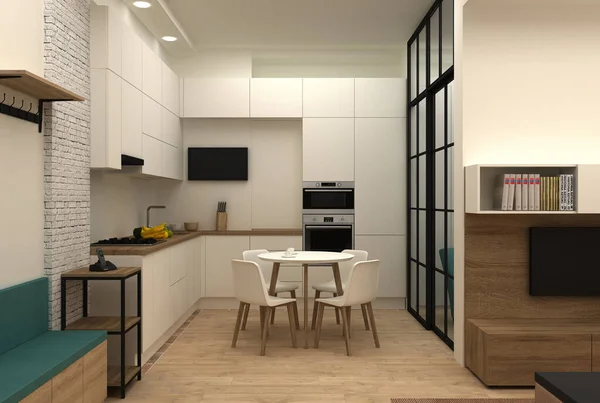 Design Intérieur Une Cuisine Dans Appartement Compact Rendu — Photo