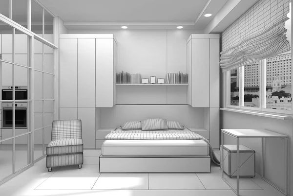 Interior design of a bedroom in compact apartment grid 3D render