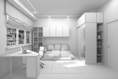 Kompakt daire ızgarası 3D oluşturulmuş bir gençlik odasının iç tasarımı