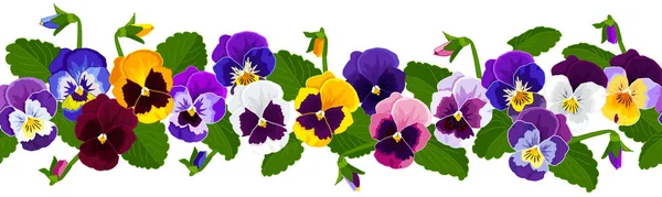 Flores Frontera Pansies Flores Amarillo Púrpura Azul Lila Blanco Hojas — Vector de stock